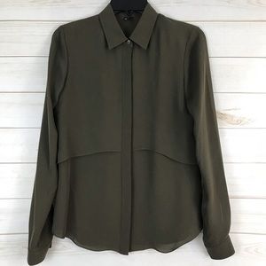 Theory Silk Army Green Button Down Blouse